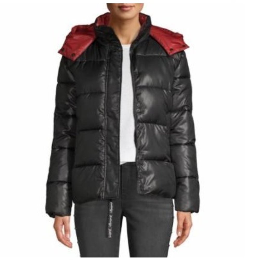 NWT KENDALL + KYLIE Women's Two-Tone Puffer Jacket Black/Red Size S $170 G390